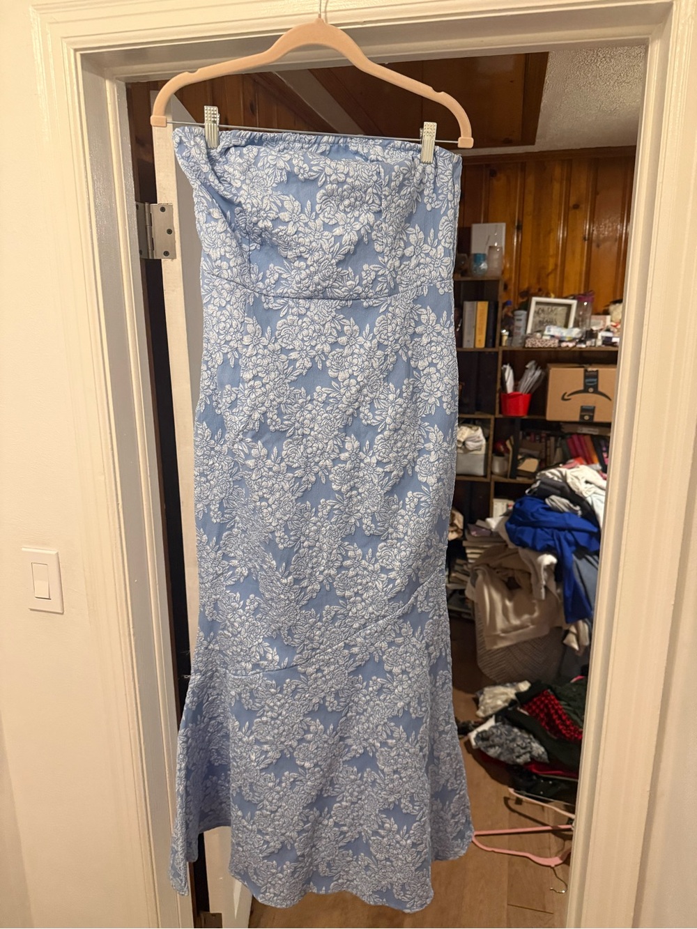 SHEIN Light Blue Strapless Floral Mermaid Dress